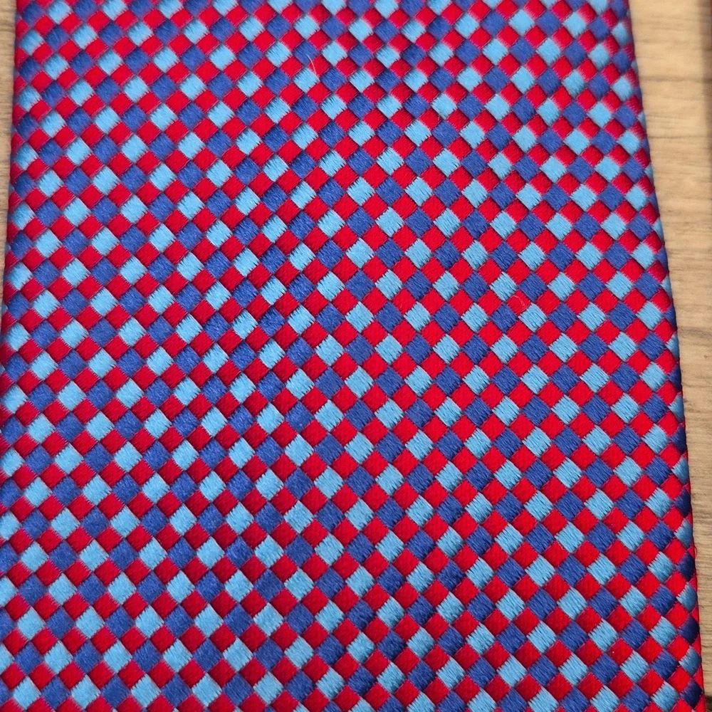 TED BAKER London‎ Metallic Red Blue Woven Textured Plaid Pattern Silk Mens Tie